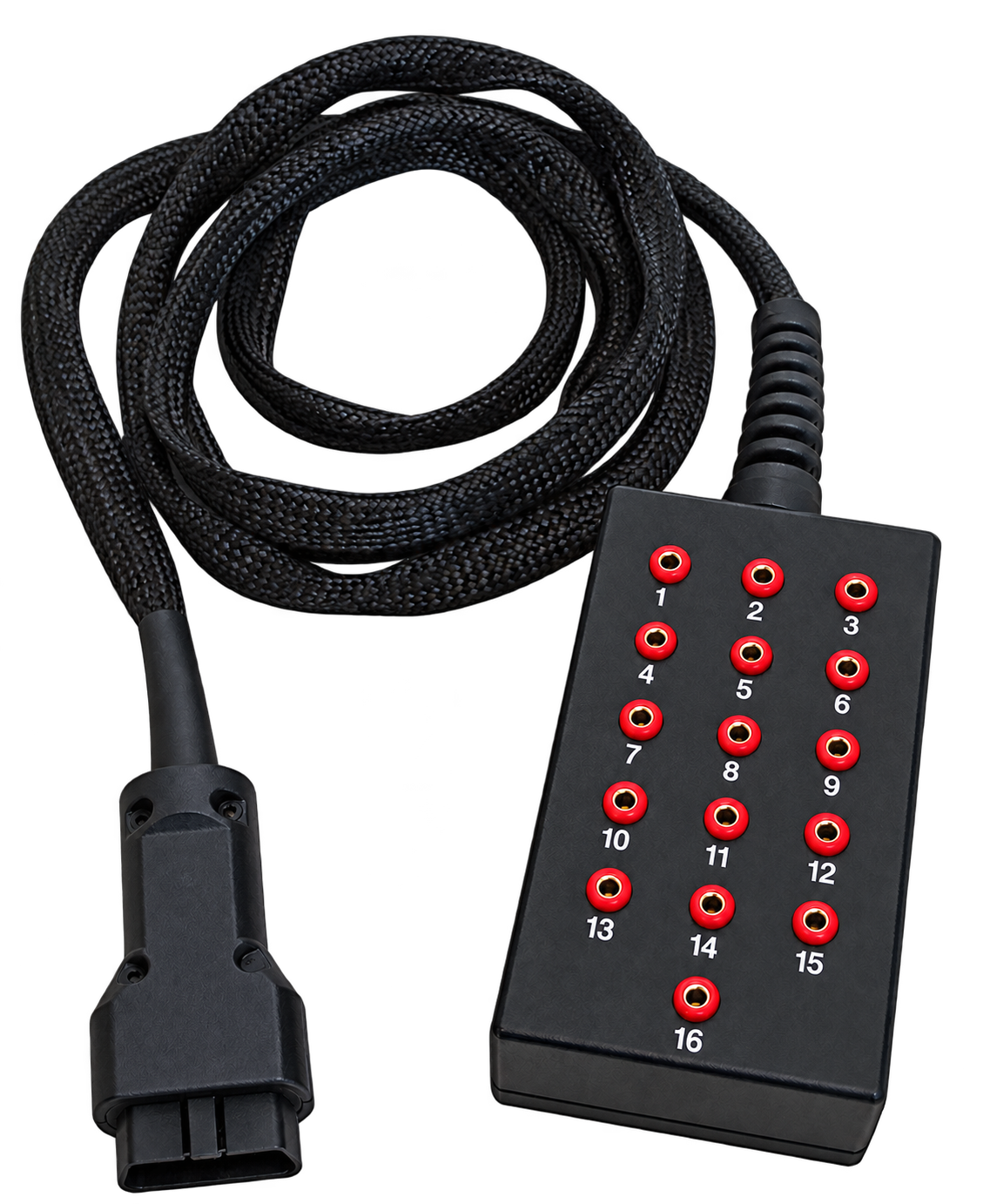 OBD-II-Breakoutbox mit nummerierten Prüfbuchsen und Diagnoseleitung